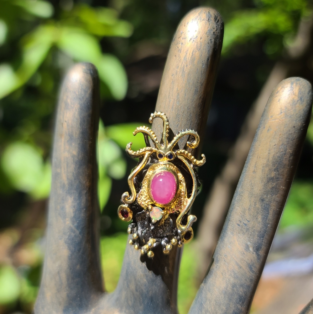 Star Ruby Opal & Garnet sterling rhodium & gold ring sz7 - Picture 3 of 8